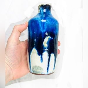 SOLD FWP Handmade thrown blue drip glaze artisan pottery small vase